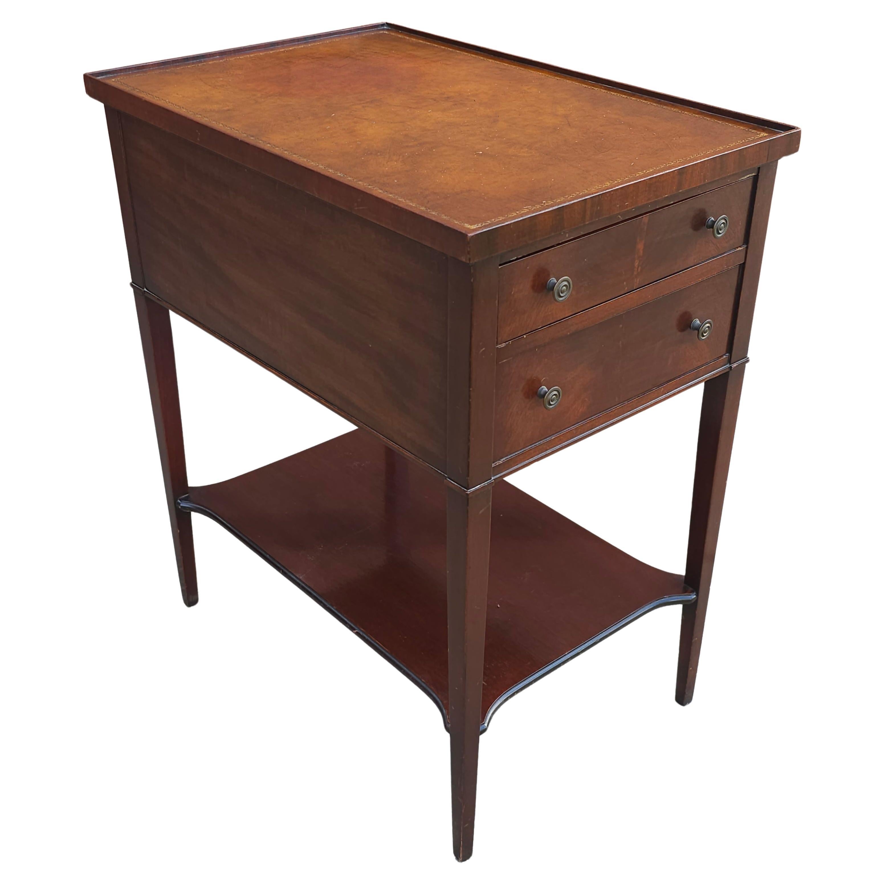 Imperial Furniture Two-Drawer Tooled Leather Mahogany Tiered Side Table