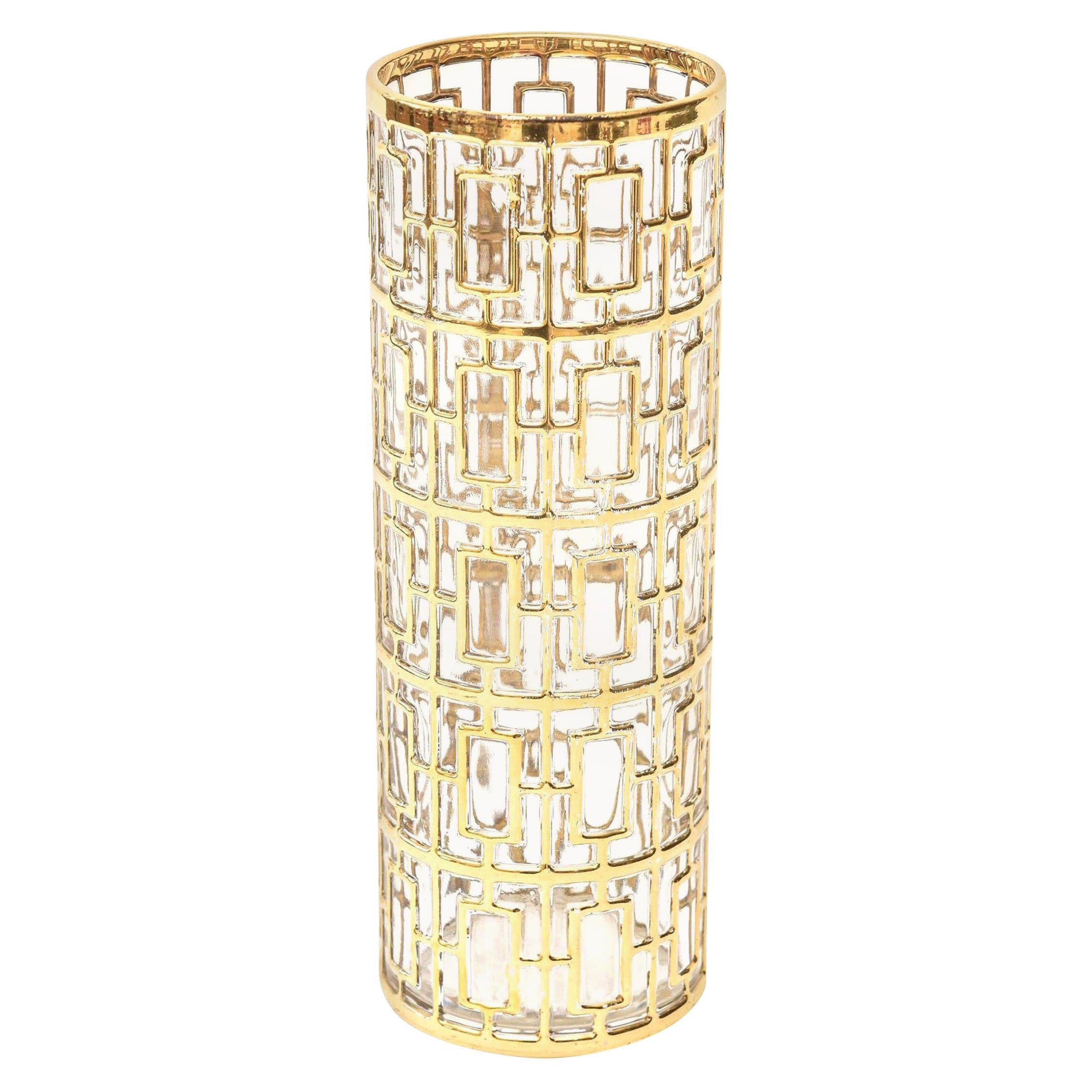 Imperial Glass 22-karätige vergoldete Shoji-Raumteiler-Schlüsselvase mit griechischem Schlüssel, Cocktail-Mischer