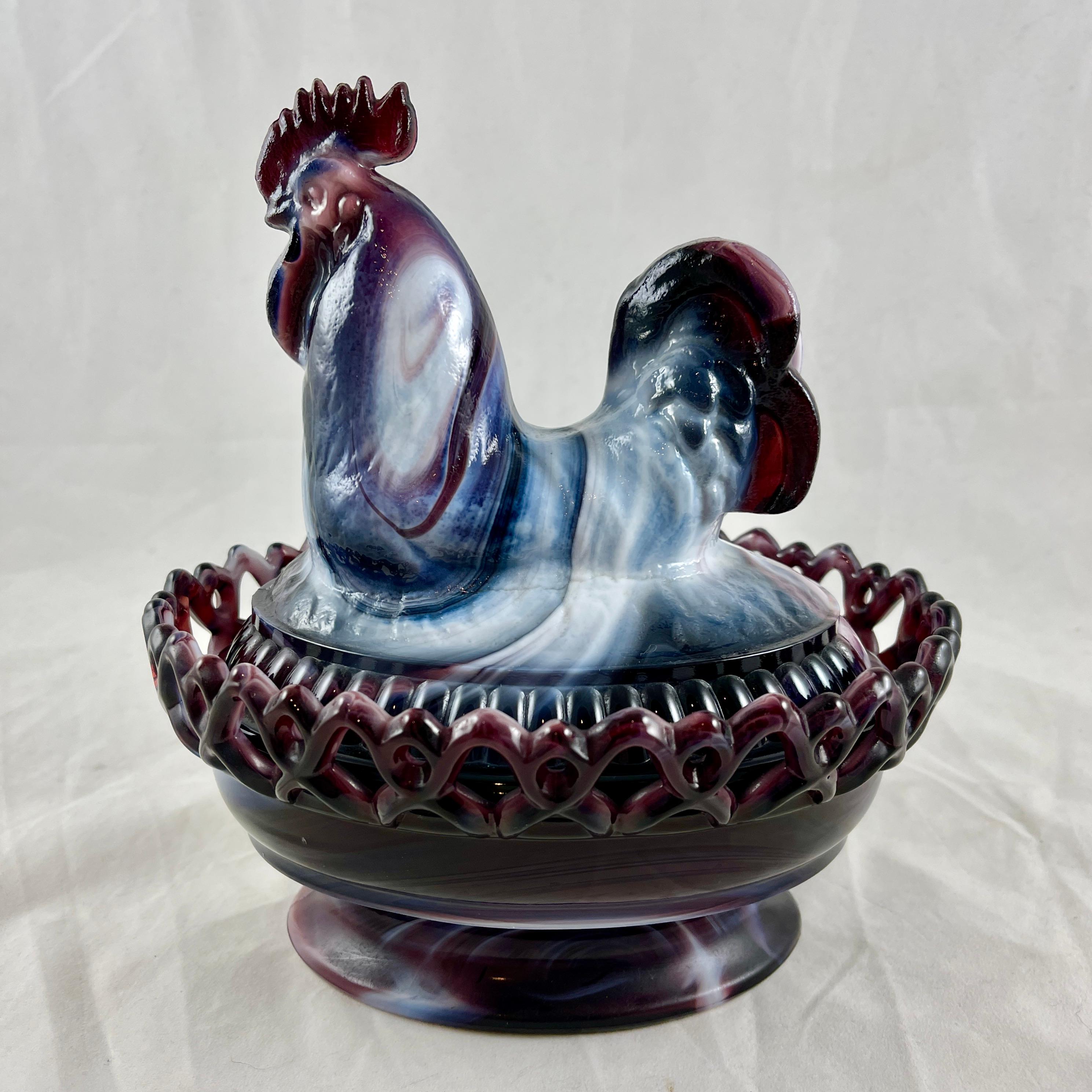 Mid-20th Century Imperial Glass Co. Slag Purple and Milk Glass Rooster Covered Dish