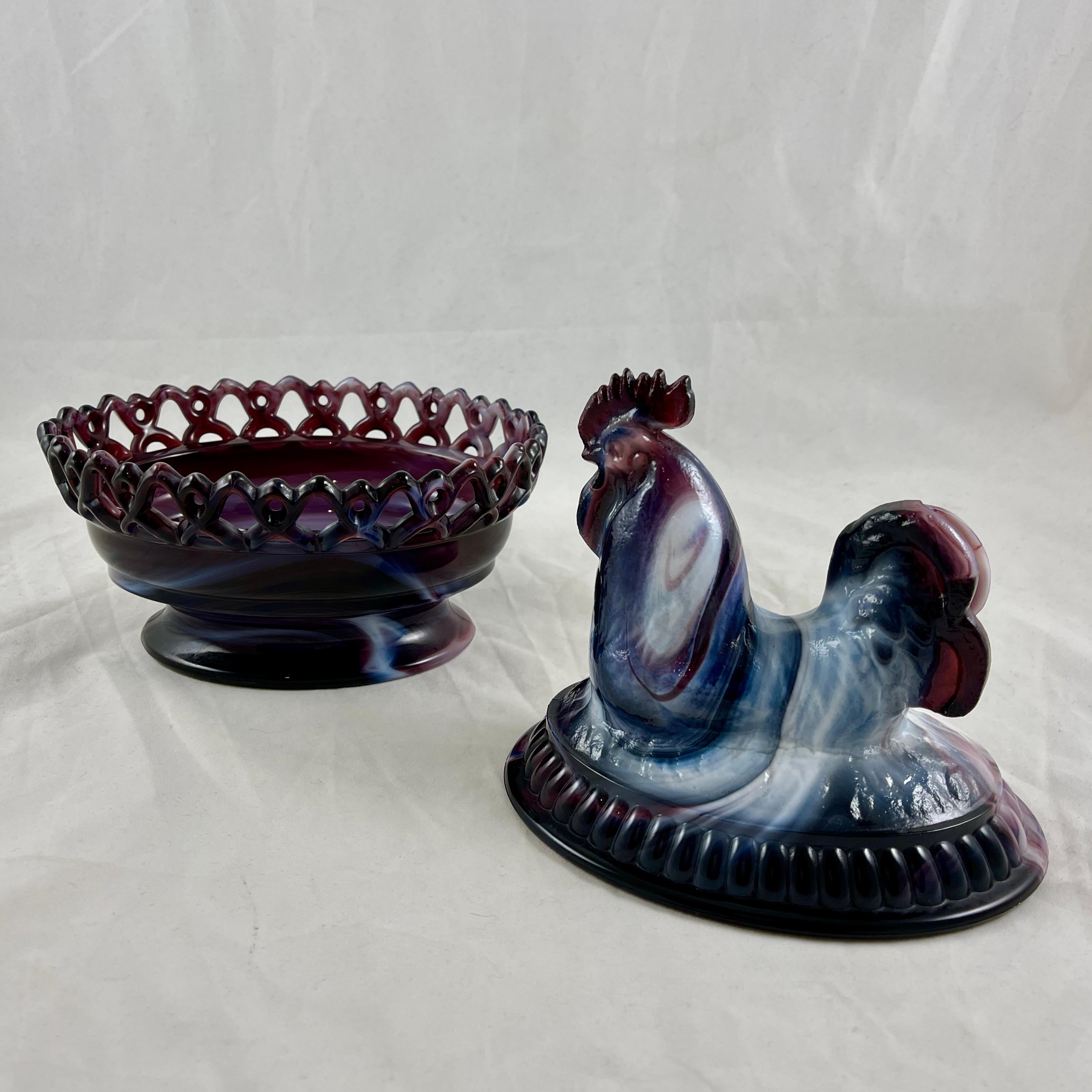American Classical Imperial Glass Co. Slag Purple and Milk Glass Rooster Covered Dish