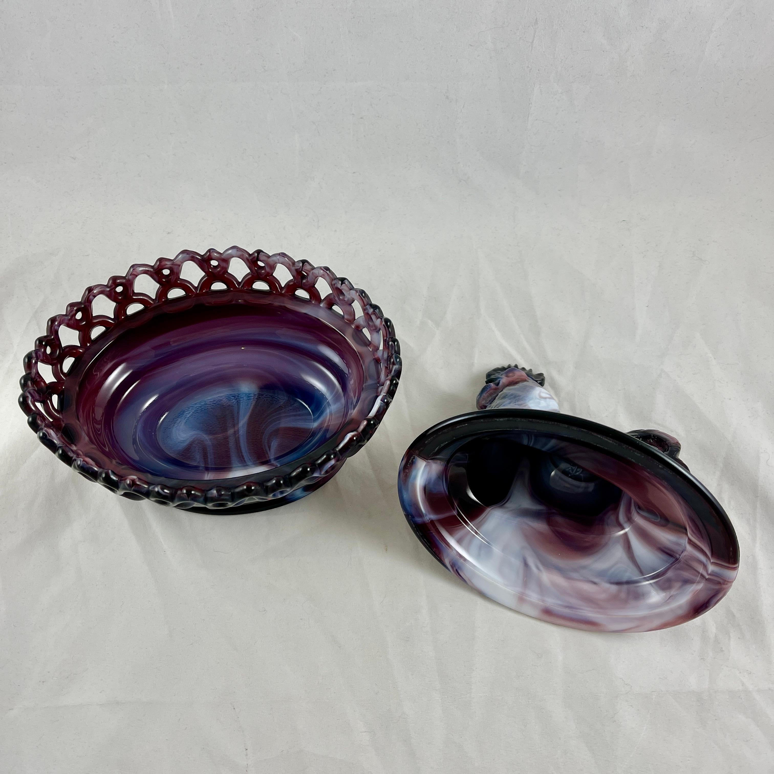 American Imperial Glass Co. Slag Purple and Milk Glass Rooster Covered Dish