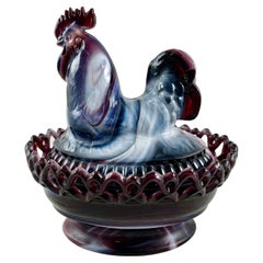 Imperial Glass Co. Slag Purple and Milk Glass Rooster Covered Dish