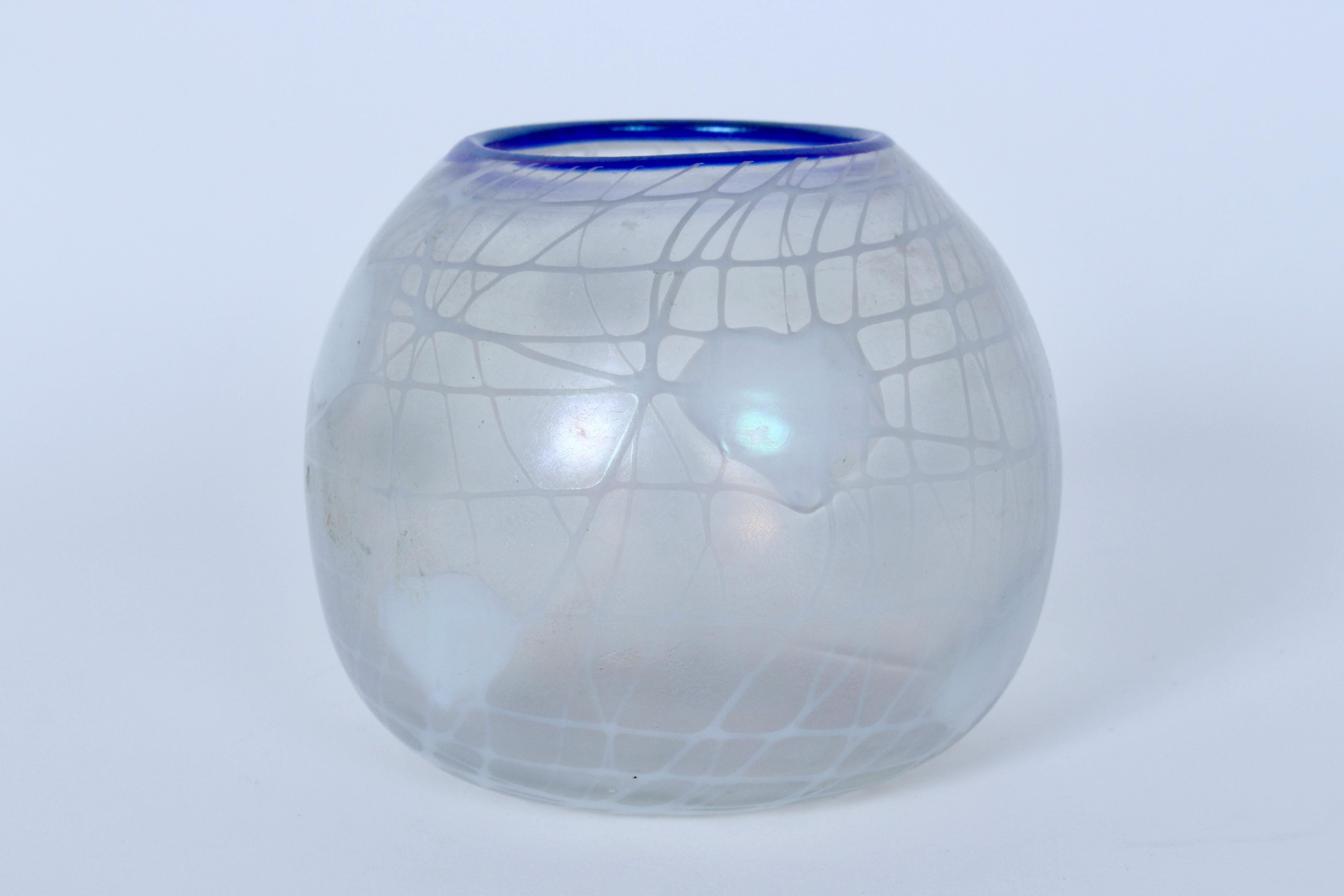American Imperial Glass Freehand Hanging Hearts Blue Rimmed Art Glass Rose Bowl, C. 1923