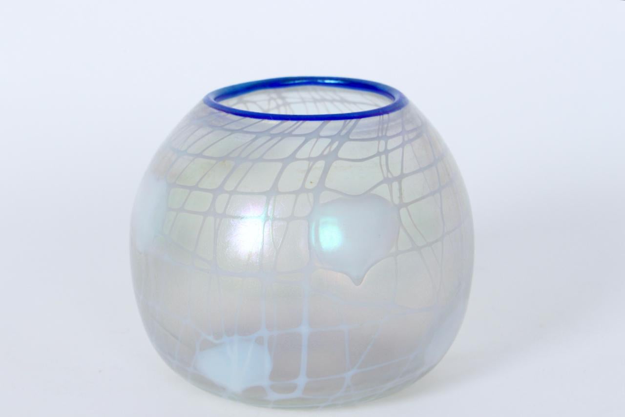 Imperial Glass Freehand Hanging Hearts Blue Rimmed Art Glass Rose Bowl, C. 1923 1