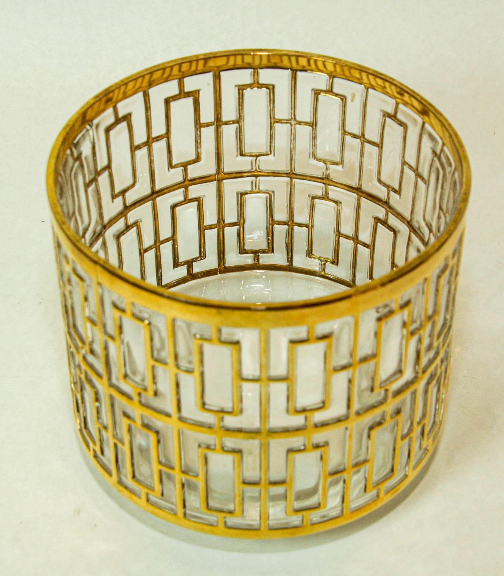 Cubitera de cristal imperial con pantalla Shoji 1960 Cubitera de colección con incrustación de oro de 22 quilates Regencia de Hollywood en venta