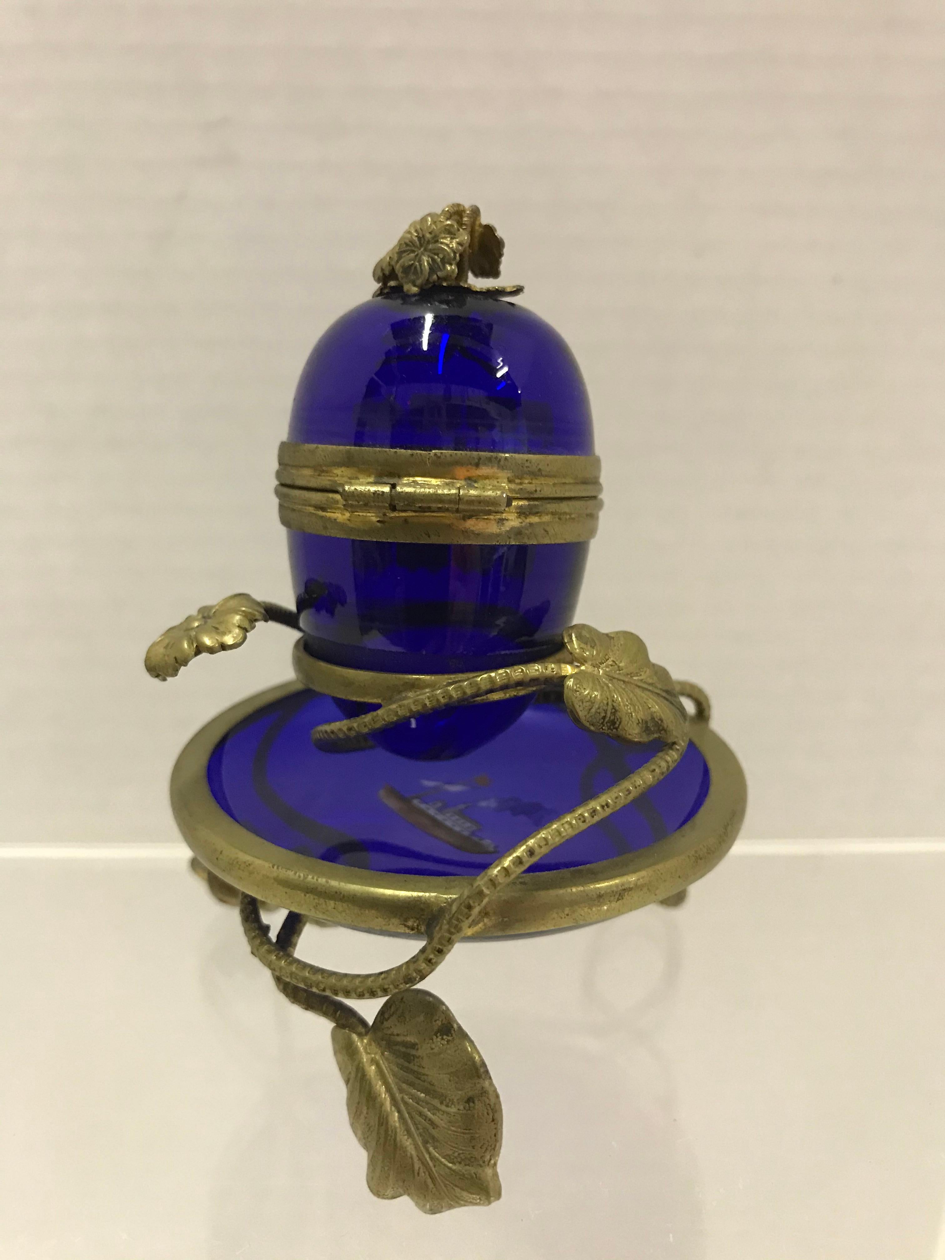 Russian Imperial Glasswork of St. Petersburg 1900s Cobalt Blue Glass Egg on Stand