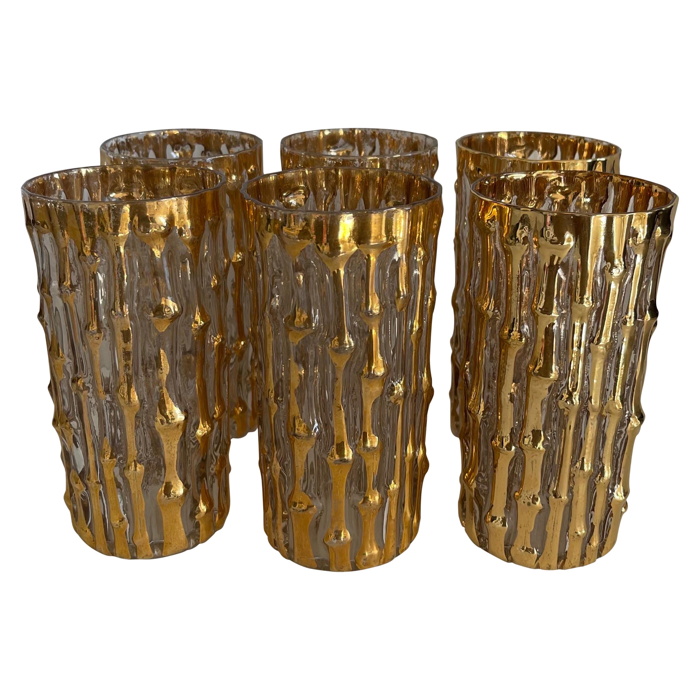 Imperial Gold "Bambu" Faux Bamboo Gold Highball Glasses, Set of Six