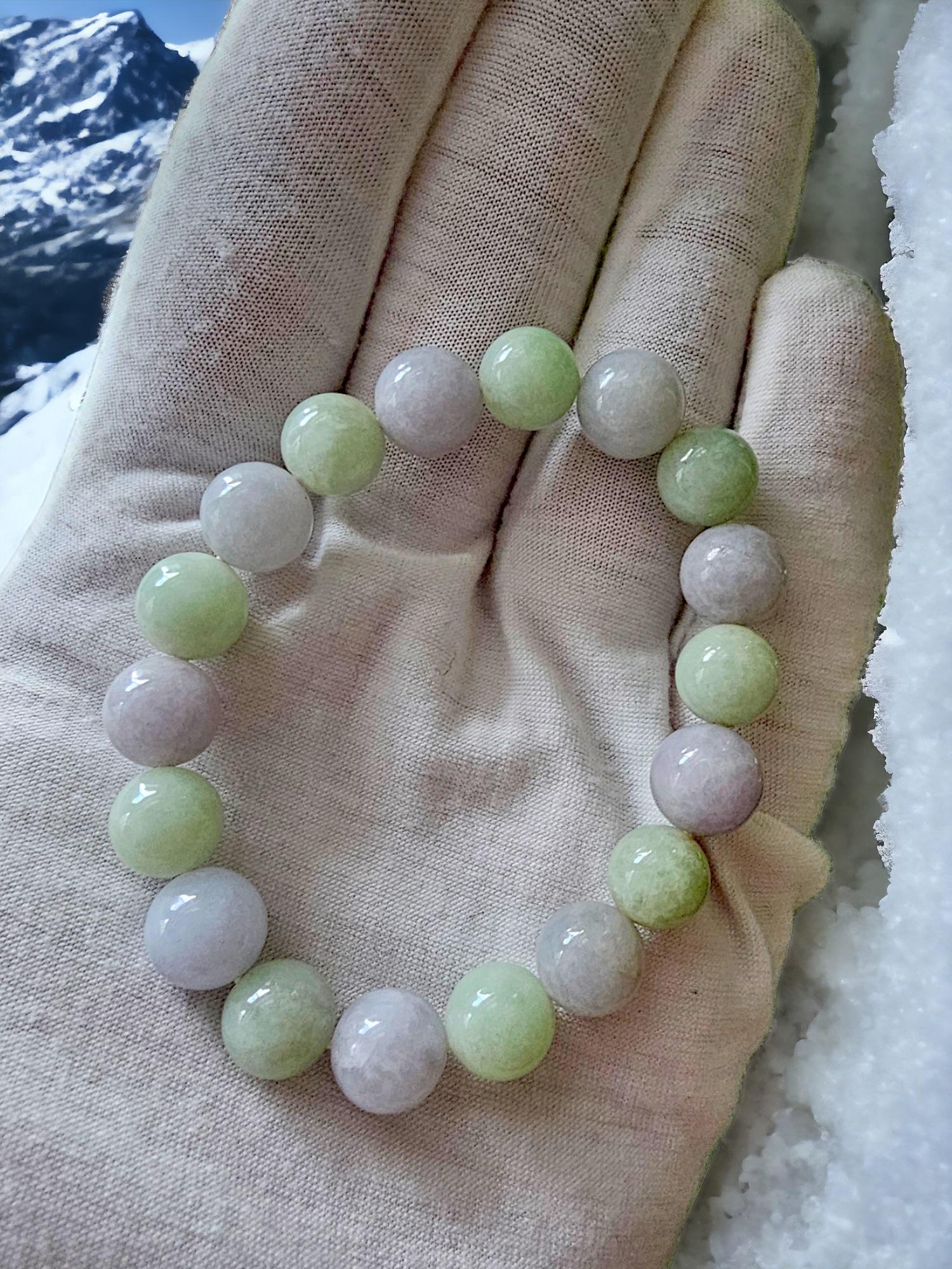 Imperial Green and Lavender Burmese A-Jade Beaded Bracelet (11mm Each) 07002 For Sale 5