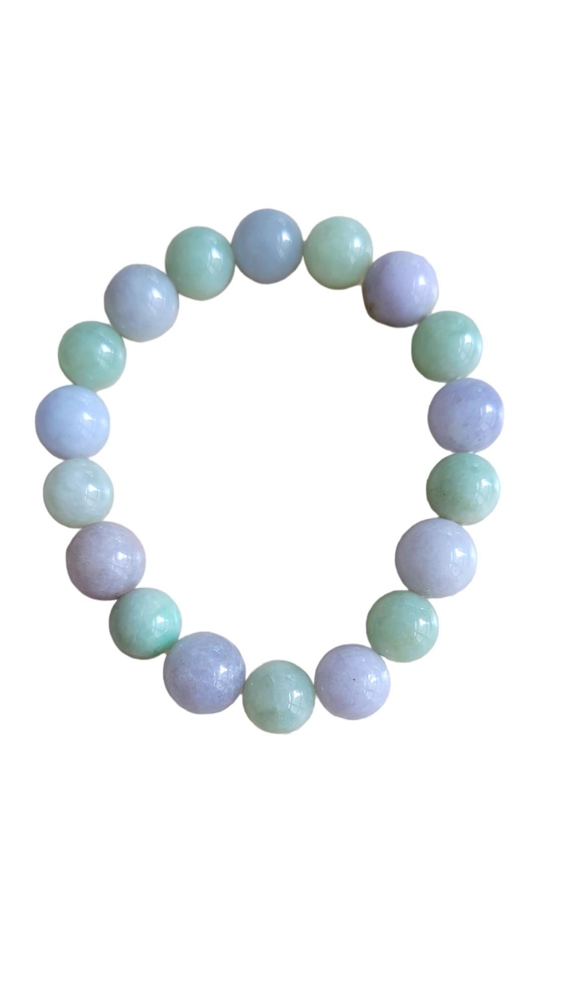 Ball Cut Imperial Green and Lavender Burmese A-Jade Beaded Bracelet (11mm Each) 07002 For Sale