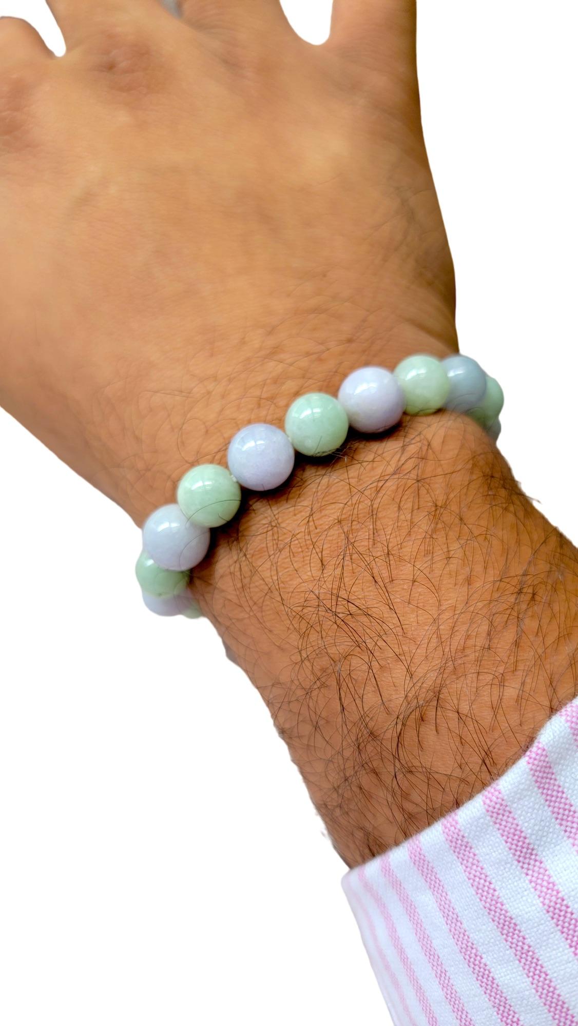 Women's or Men's Imperial Green and Lavender Burmese A-Jade Beaded Bracelet (11mm Each) 07002 For Sale