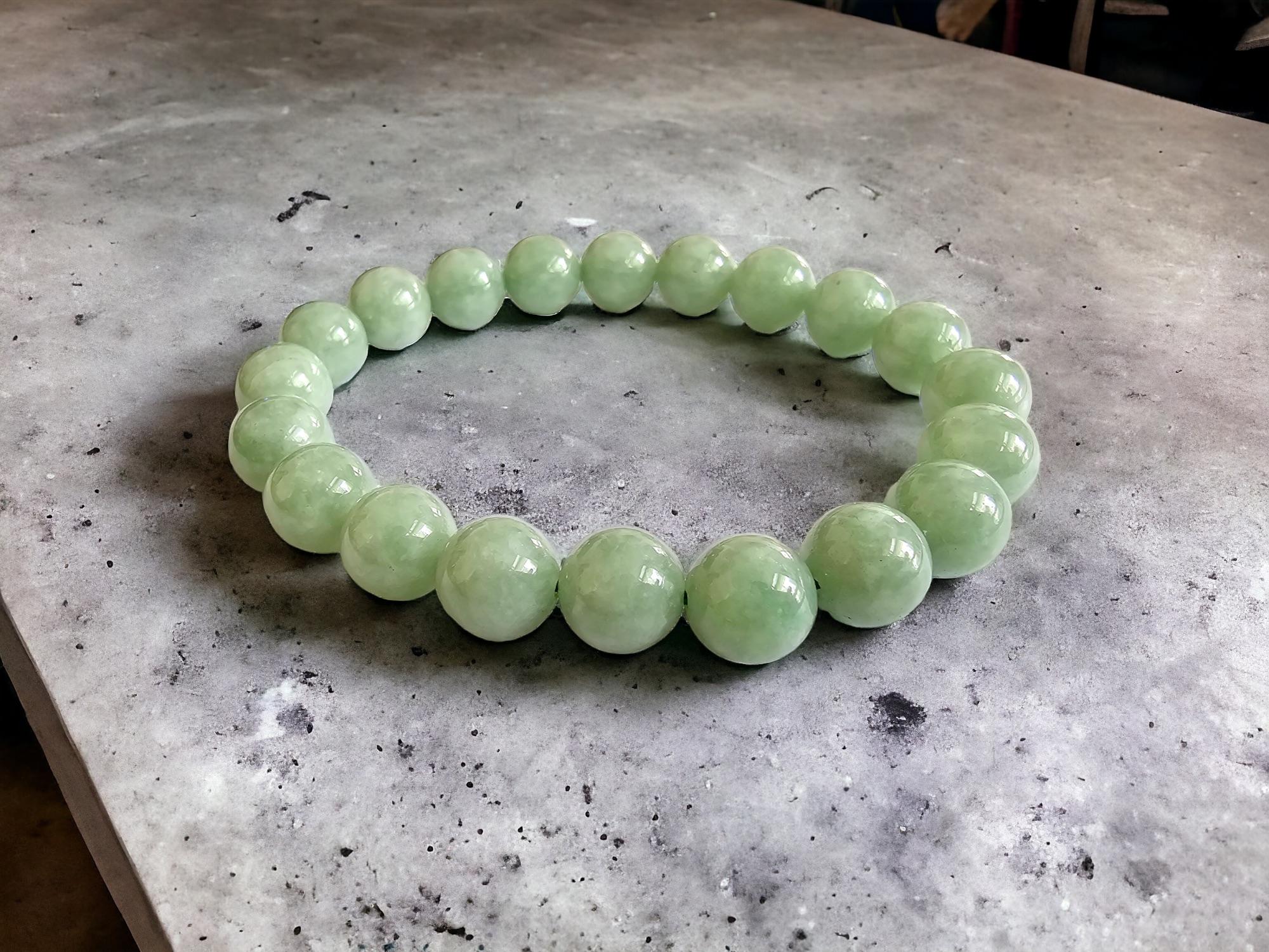 Ball Cut Imperial Green Burmese A-Jade Beaded Bracelet (10mm Each x 20 beads) 05005