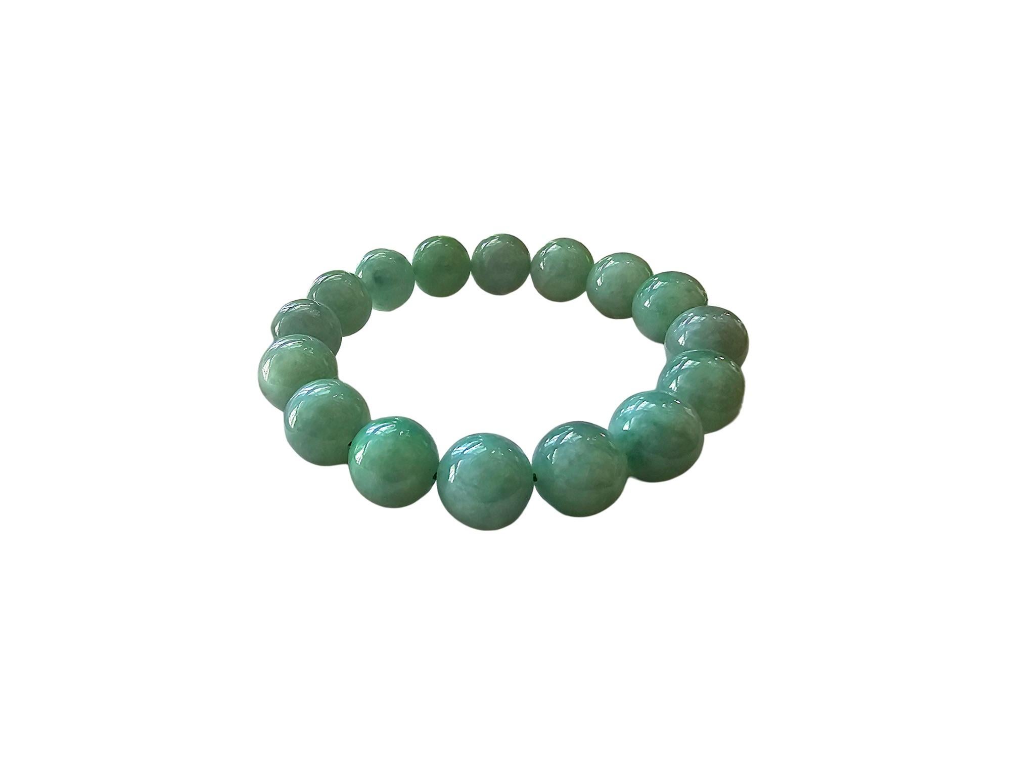 Imperial Green Burmese A-Jade Beaded Bracelet MADE IN JAPAN 12mm x 16 beads For Sale 6