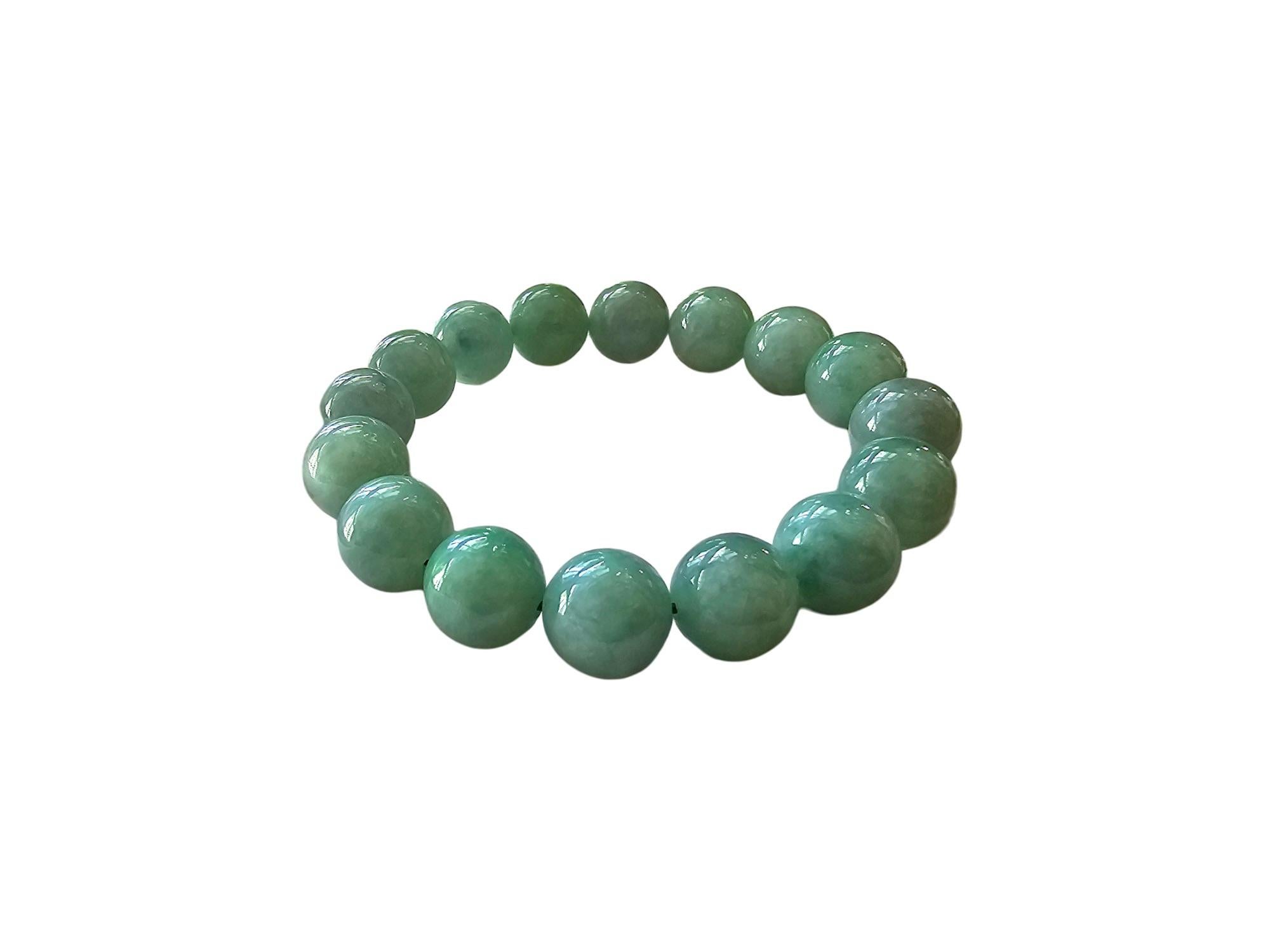 Imperial Green Burmese A-Jade Beaded Bracelet MADE IN JAPAN 12mm x 16 beads For Sale 8