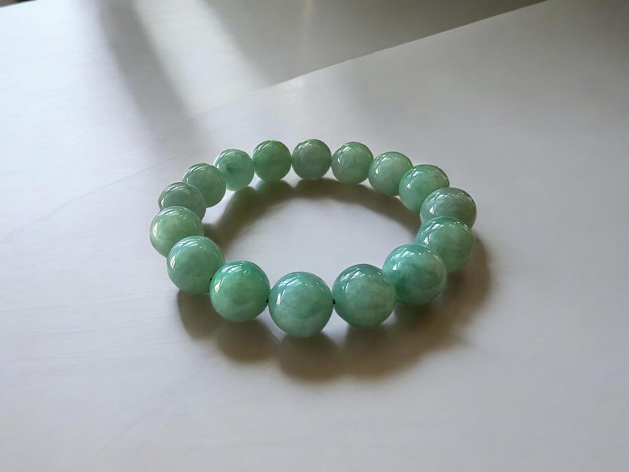 Ball Cut Imperial Green Burmese A-Jade Beaded Bracelet MADE IN JAPAN 12mm x 16 beads For Sale