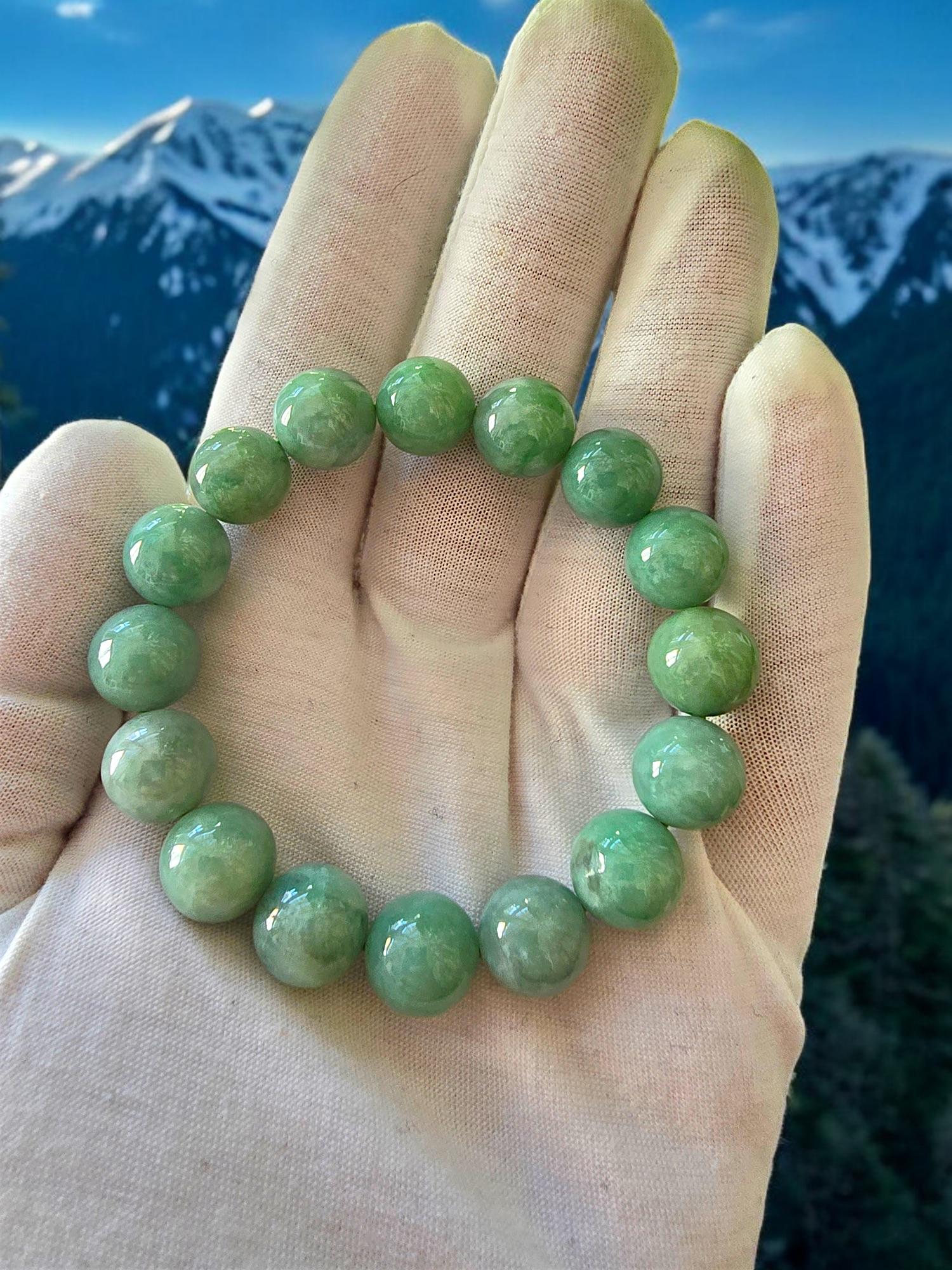 Ball Cut Imperial Green Burmese A-Jade Beaded Bracelet MADE IN JAPAN 12mm x 16 beads For Sale
