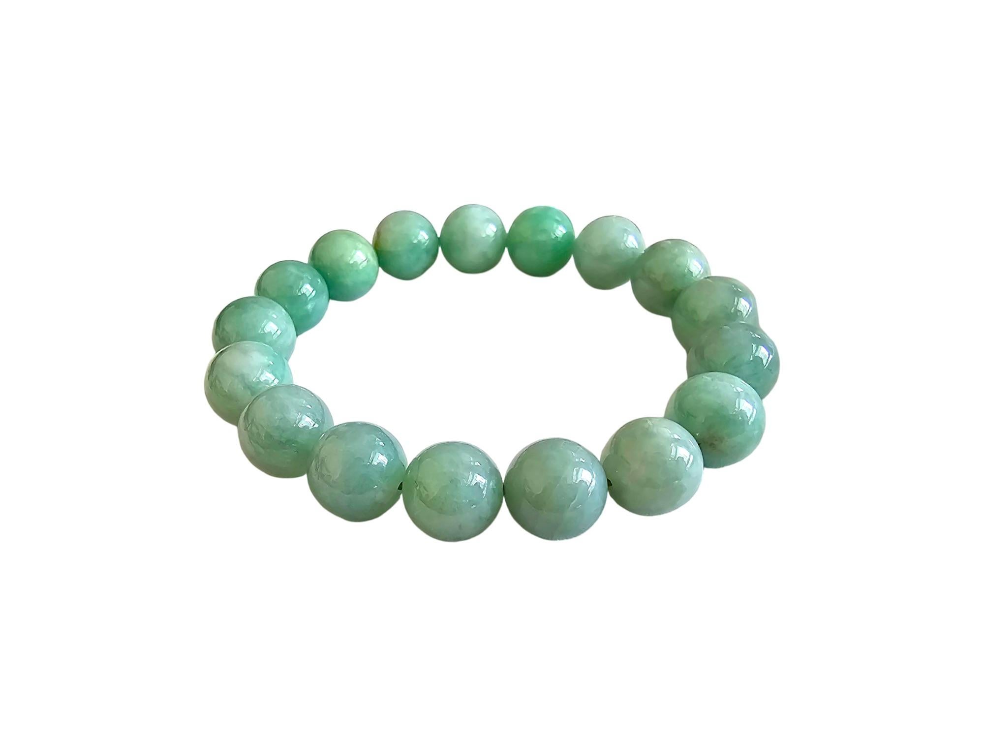 Imperial Green Burmese A-Jade Beaded Bracelet MADE IN JAPAN 12mm x 17 beads For Sale 6