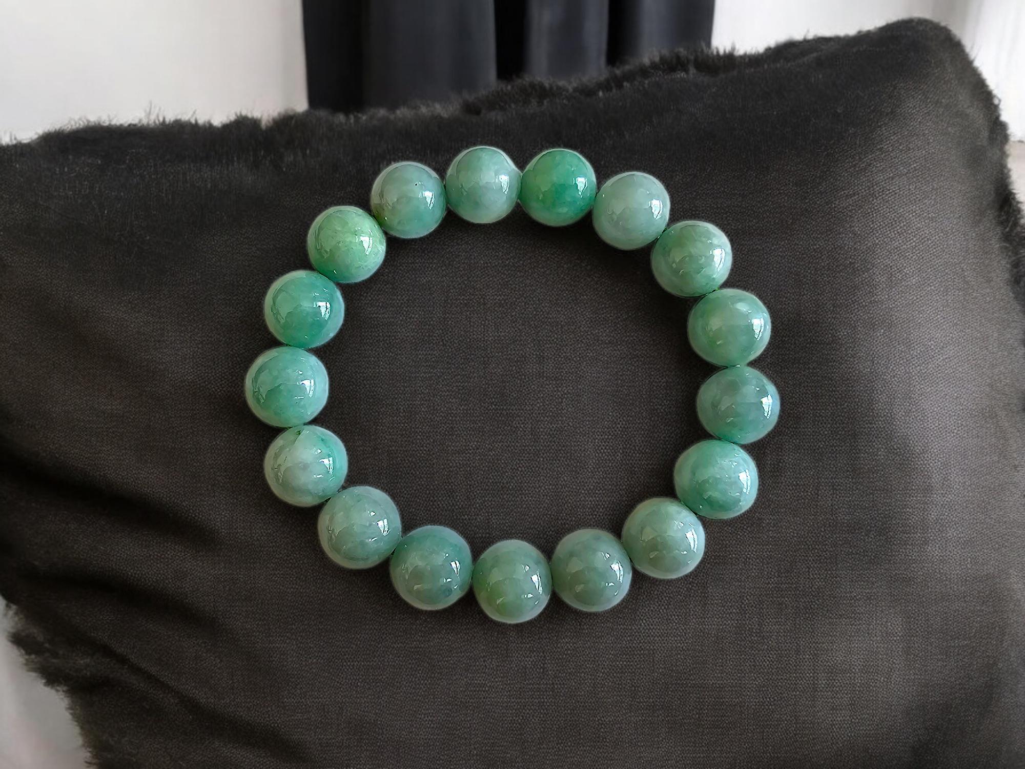 Ball Cut Imperial Green Burmese A-Jade Beaded Bracelet MADE IN JAPAN 12mm x 17 beads For Sale
