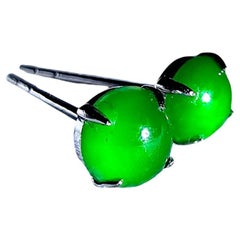 Imperial Green Burmese A-Jade Stud Earrings 18K White Gold Certified