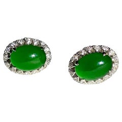 Imperial Green Burmese A-Jade Stud Earrings with Diamonds and 18K White Gold
