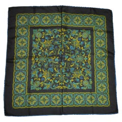 Vintage "Imperial Green Floral" with Hand-Rolled Navy Border Silk Handkerchief