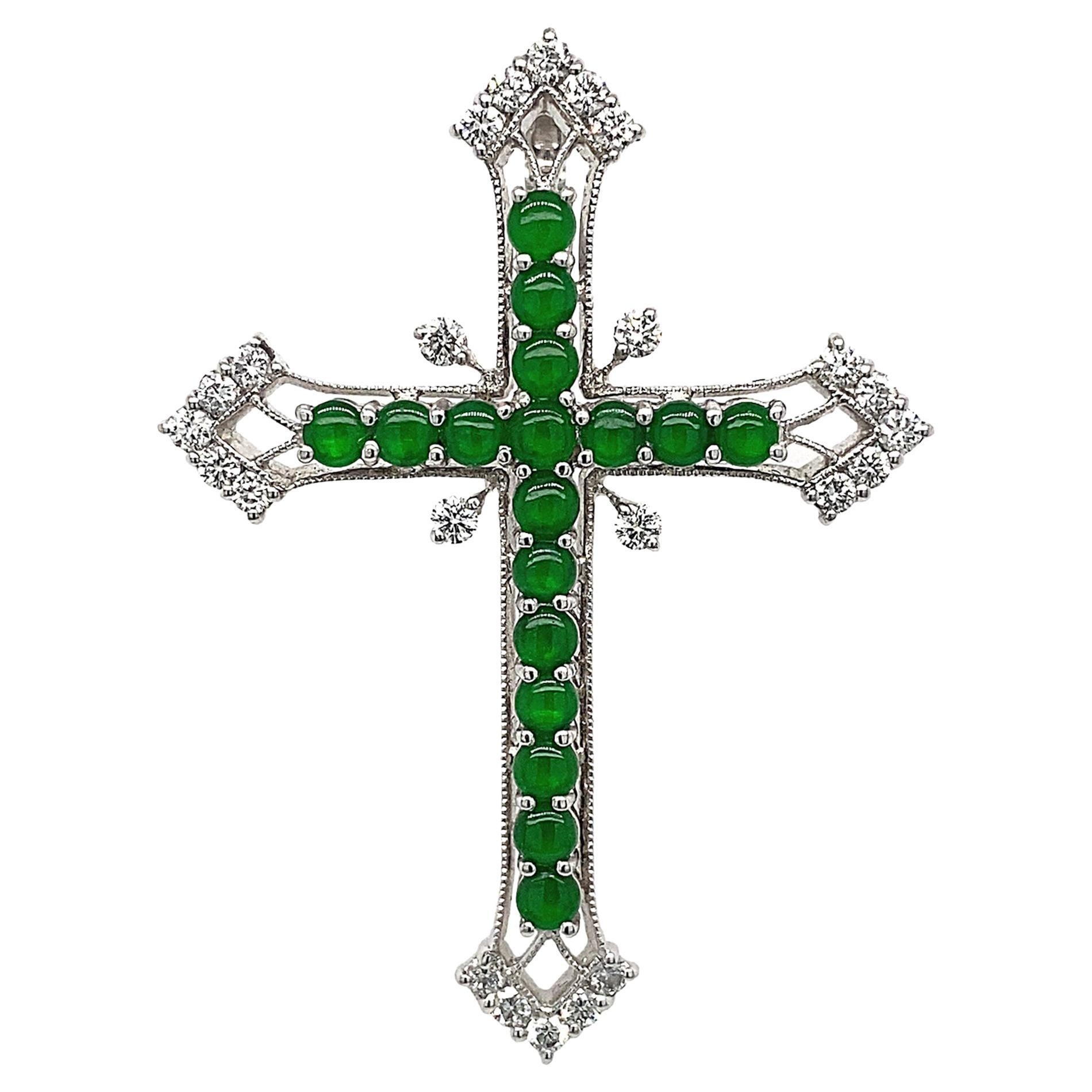 Imperial Green Jade and Diamond Cross Pendant by Dilys' For Sale