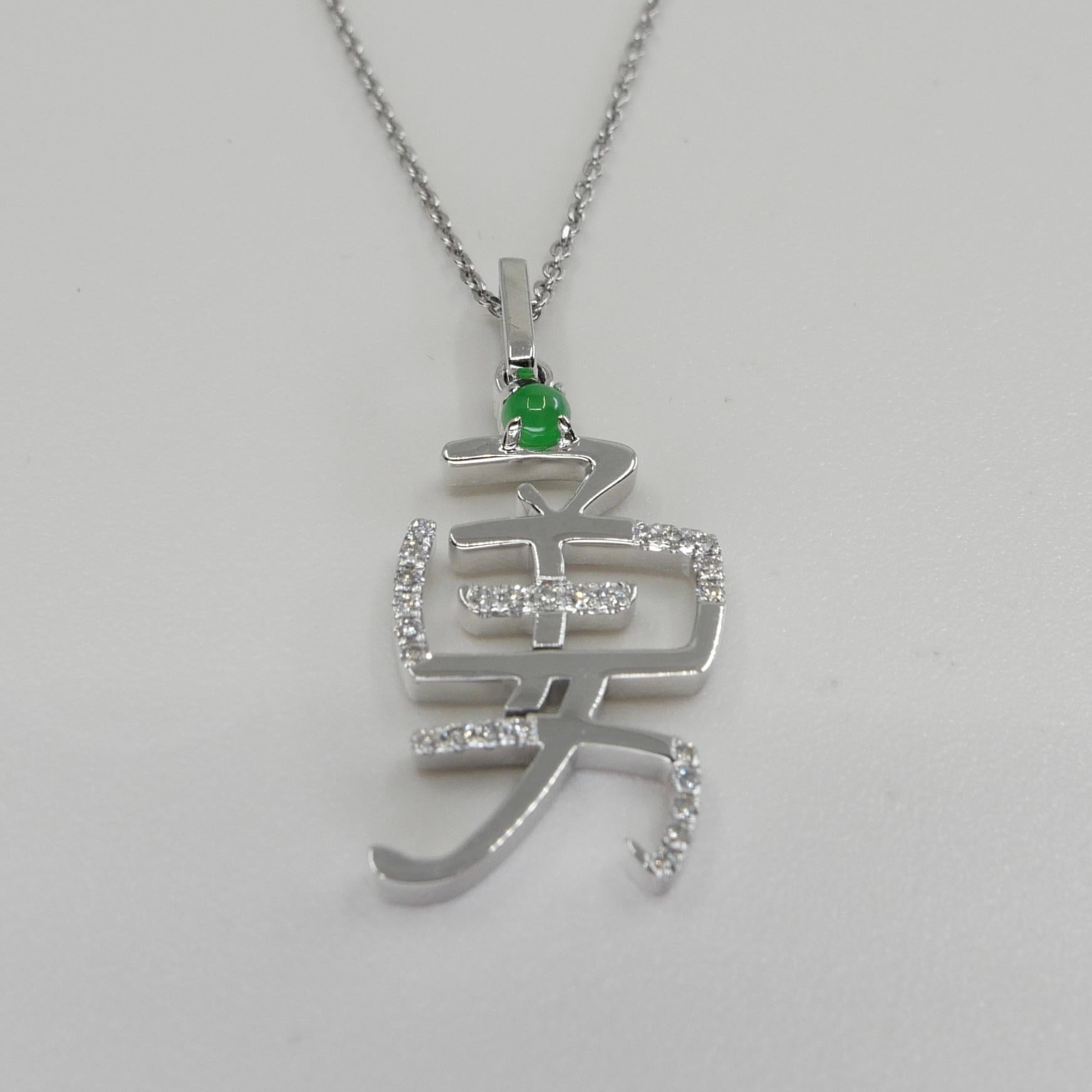  Certified Jade & Diamond Courage Pendant, 18k white Gold. Imperial Green. For Sale 4