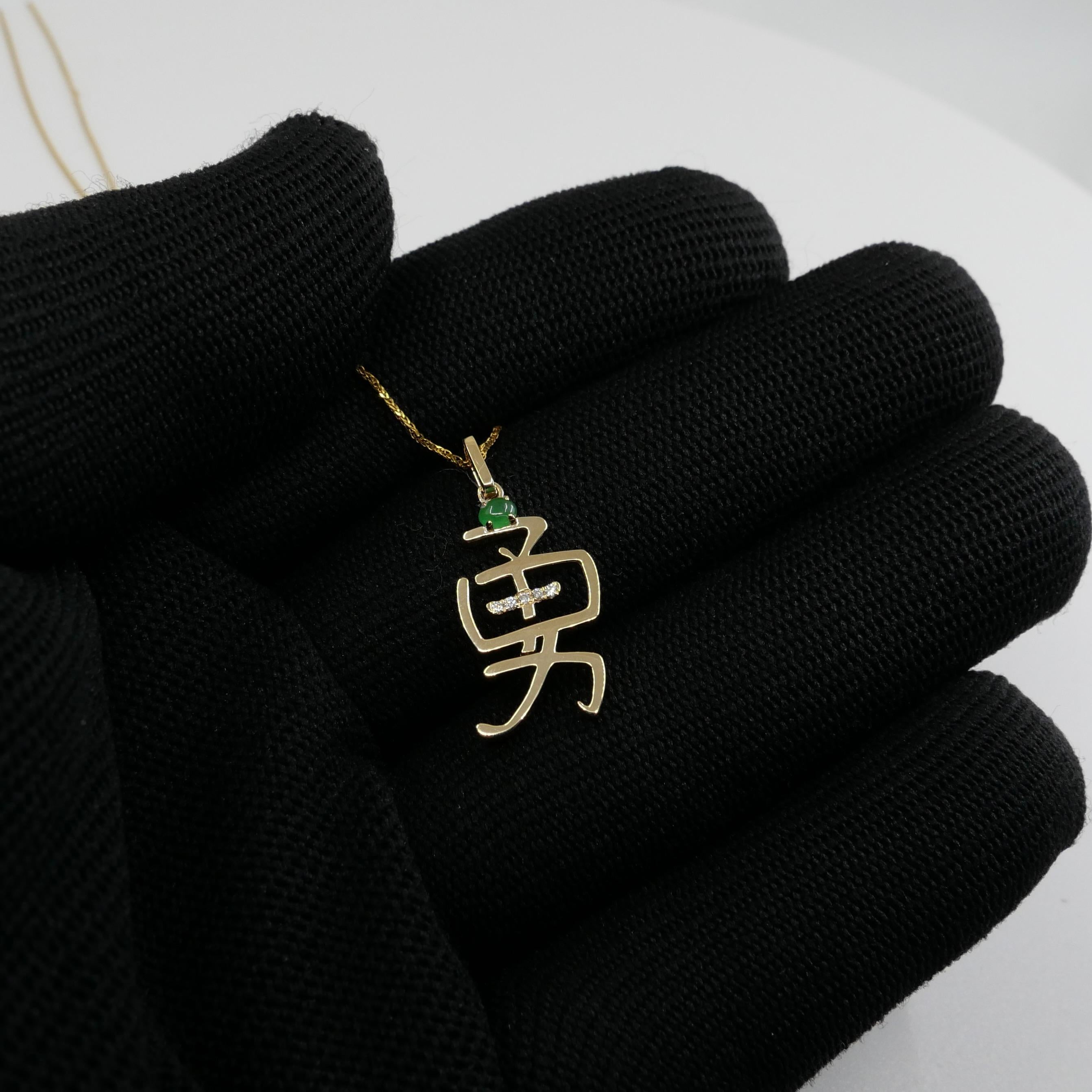  Certified Jade & Diamond Courage Pendant, 18k Yellow Gold. Imperial Green. For Sale 1