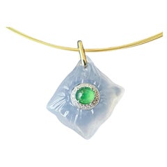 Imperial Green Jade Jadeite and White Agate Pendant in 18K Gold and Diamond