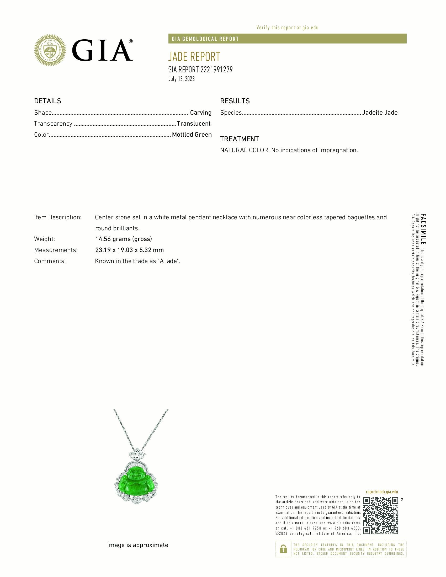 Articolo #8077

Certificato GIA 
Ciondolo Buddha di giada verde imperiale a 18 carati con diamanti
Pietra centrale incastonata in una collana pendente in metallo bianco con numerose baguette affusolate quasi incolori e brillanti rotondi. 


Pietra