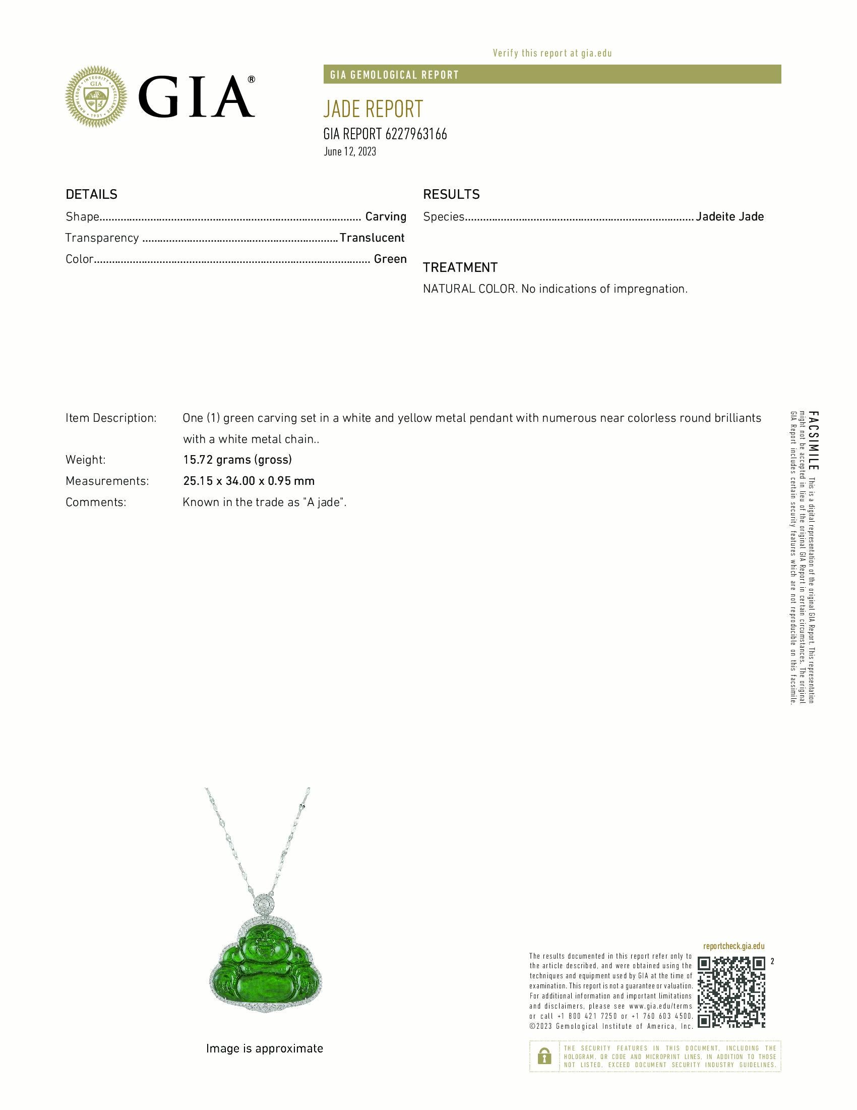 Articolo #8092

Certificato GIA 
Ciondolo Buddha di giada verde imperiale a 18 carati con diamanti
Una (1) scultura verde incastonata in un pendente di metallo bianco e giallo con numerosi brillanti rotondi quasi incolori e una catena di metallo