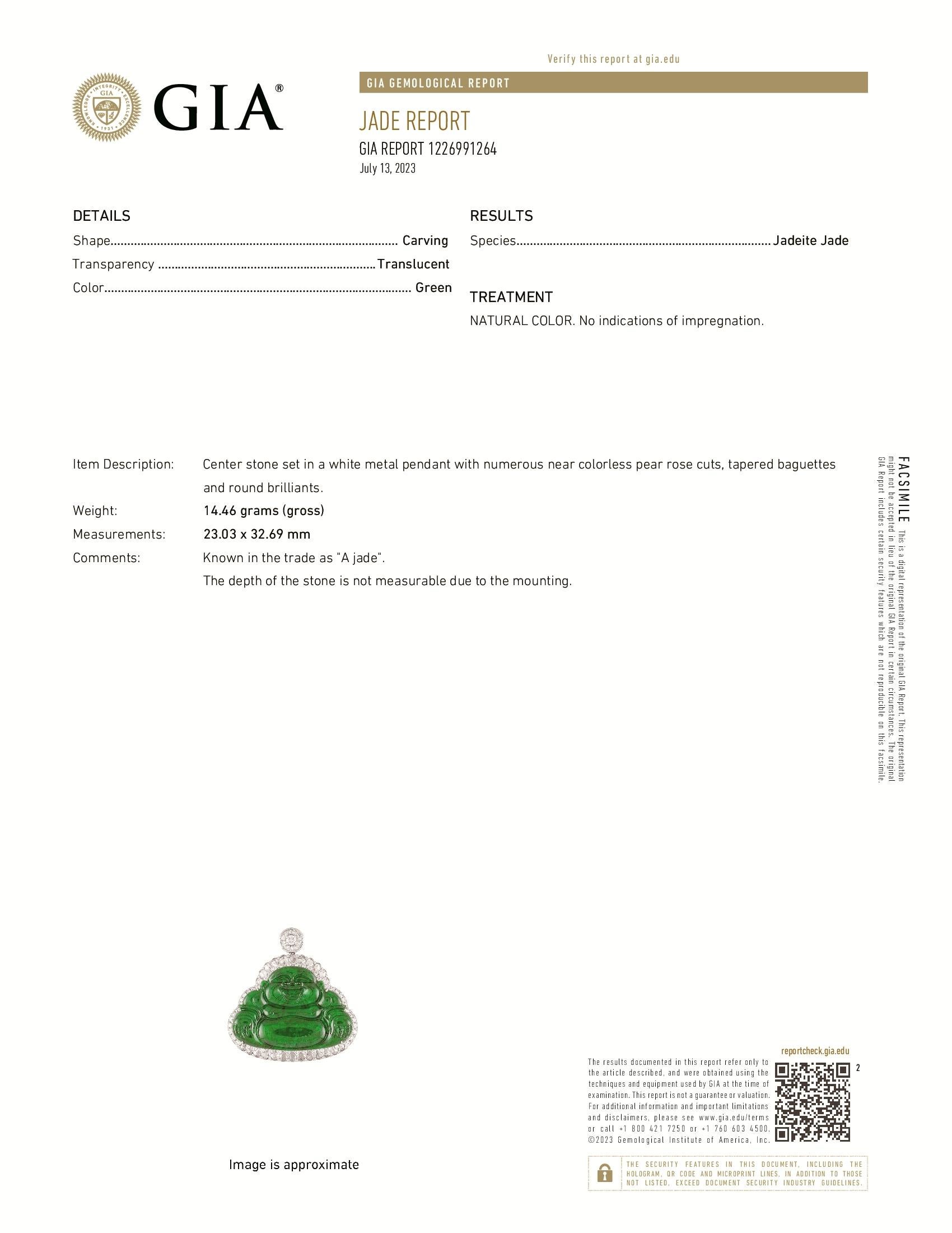 Article #8093

Certifié GIA
Pendentif Bouddha en jadéite verte impériale 18K avec diamants
La pierre centrale est sertie dans un pendentif en métal blanc avec de nombreuses poires roses presque incolores, des baguettes effilées et des brillants
