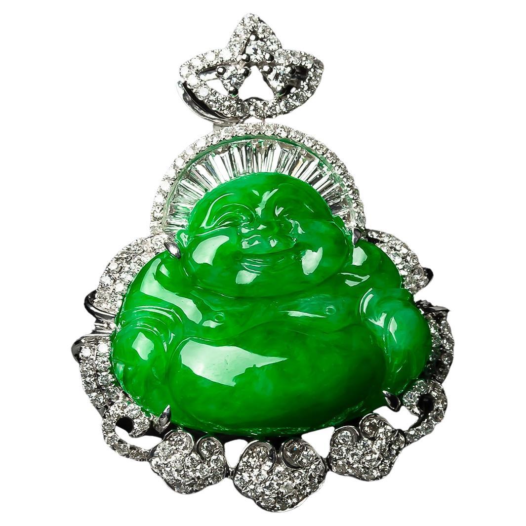 Imperial Green Jadeite Jade Buddha Pendant with Diamonds