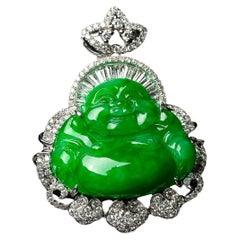 Imperial Green Jadeite Jade Buddha Pendant with Diamonds