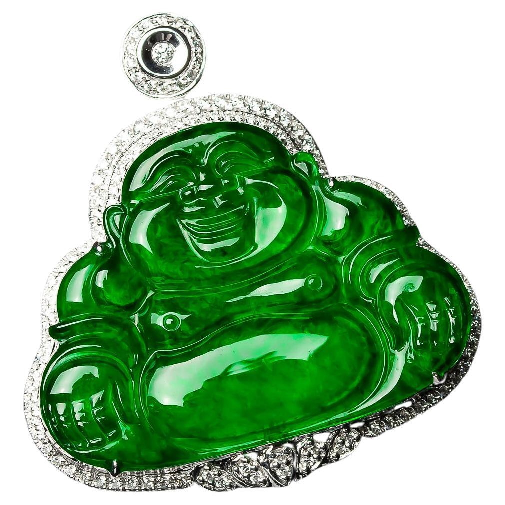 Imperial Green Jadeite Jade Buddha Pendant with Diamonds