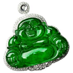 Imperial Green Jadeite Jade Buddha Pendant with Diamonds