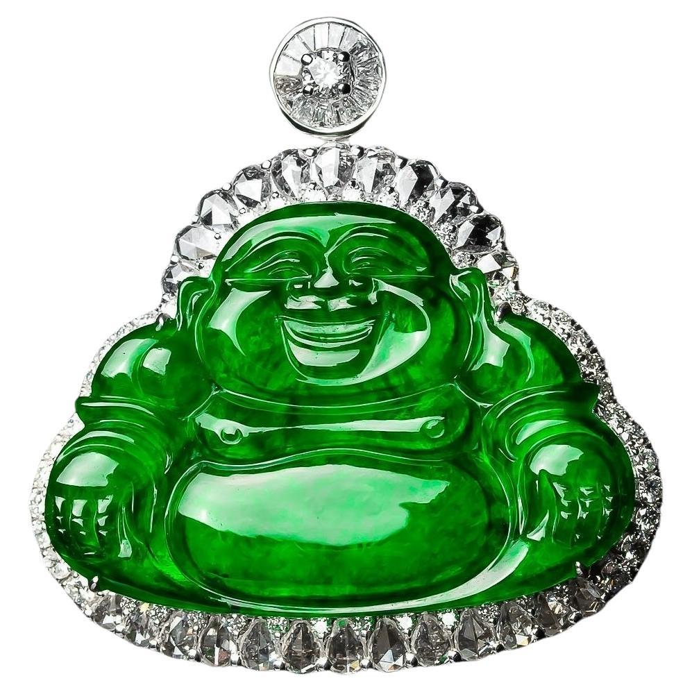 Imperial Green Jadeite Jade Buddha Pendant with Diamonds