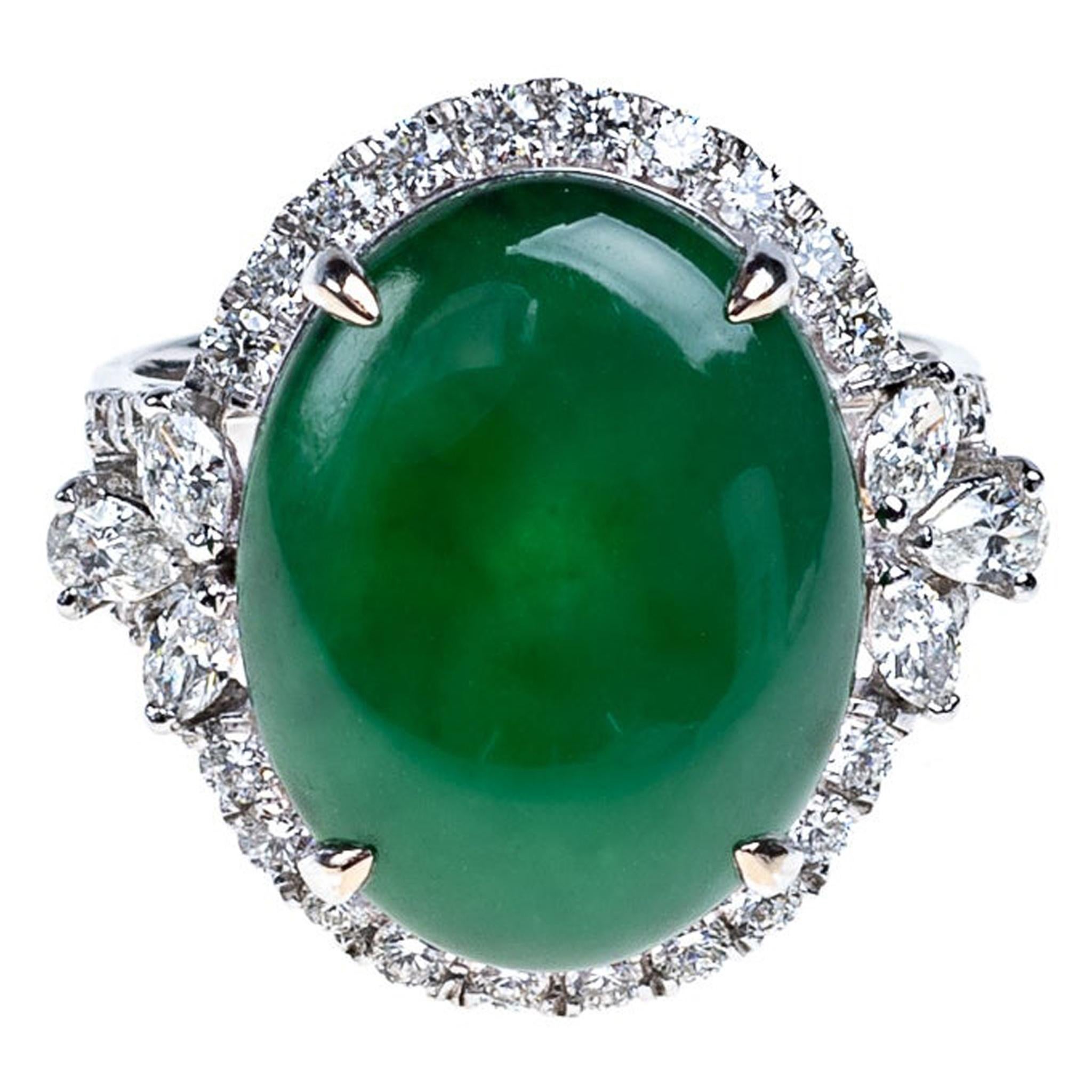 Imperial Green Jadeite Jade Cabochon and Halo Diamond Ring, Certified Untreated