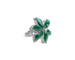 Imperial Green Jadeite Jade Flower and Diamond Ring, Certified Untreated