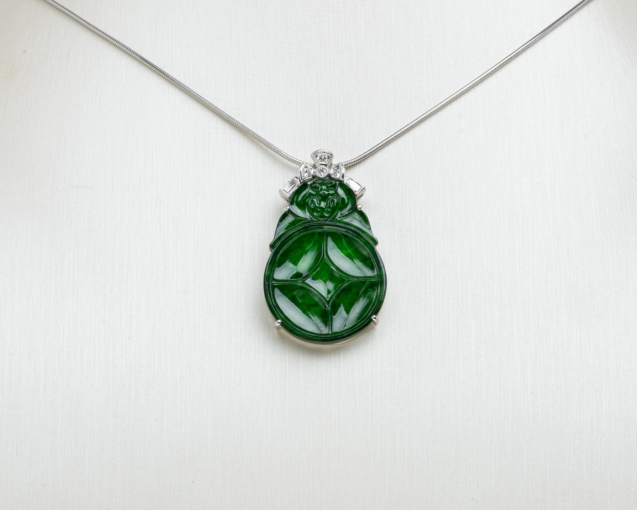 Imperial Green Jadeite Jade Gold Coin and Diamond Pendant, Certified Untreated For Sale 1