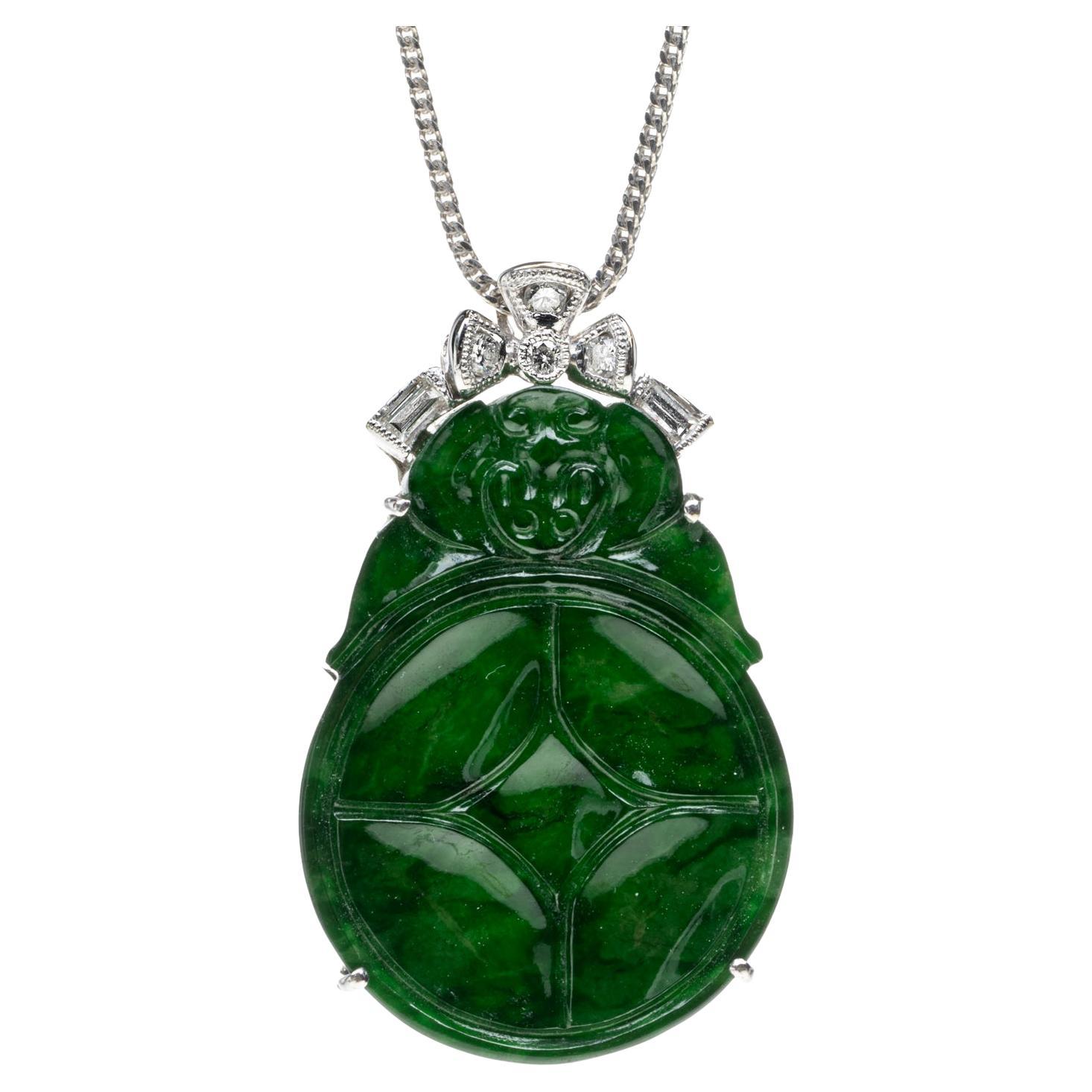 Imperial Green Jadeite Jade Gold Coin and Diamond Pendant, Certified Untreated For Sale