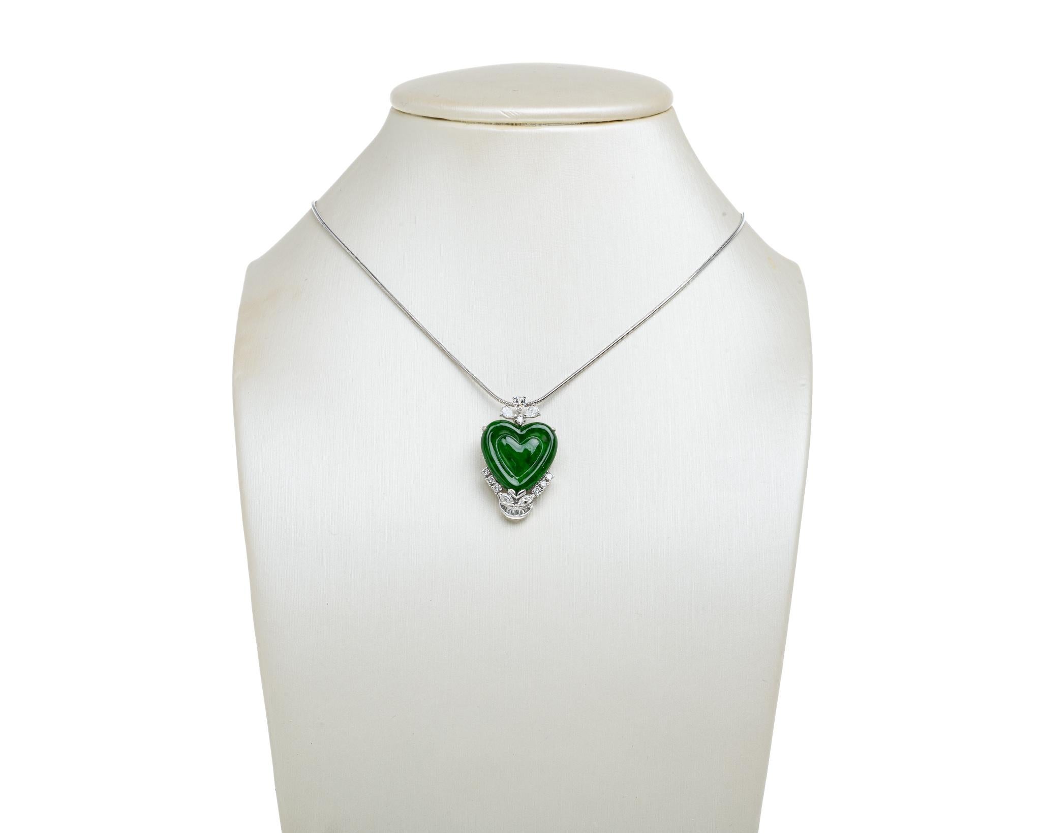 Imperial Green Jadeite Jade Heart and Diamond Pendant, GIA Certified In New Condition For Sale In San Francisco, CA