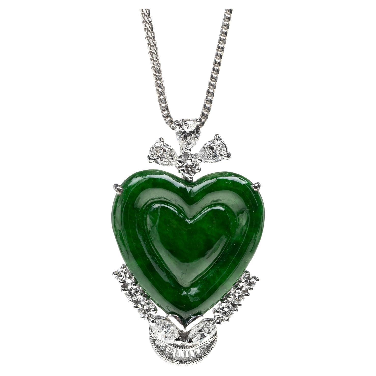 Imperial Green Jadeite Jade Heart and Diamond Pendant, GIA Certified For Sale