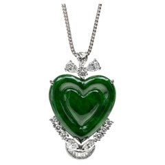 Imperial Green Jadeite Jade Heart and Diamond Pendant, GIA Certified