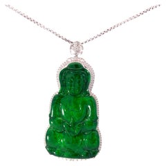 Imperial Green Jadeite Jade Kwan Yin Pendant with Diamonds