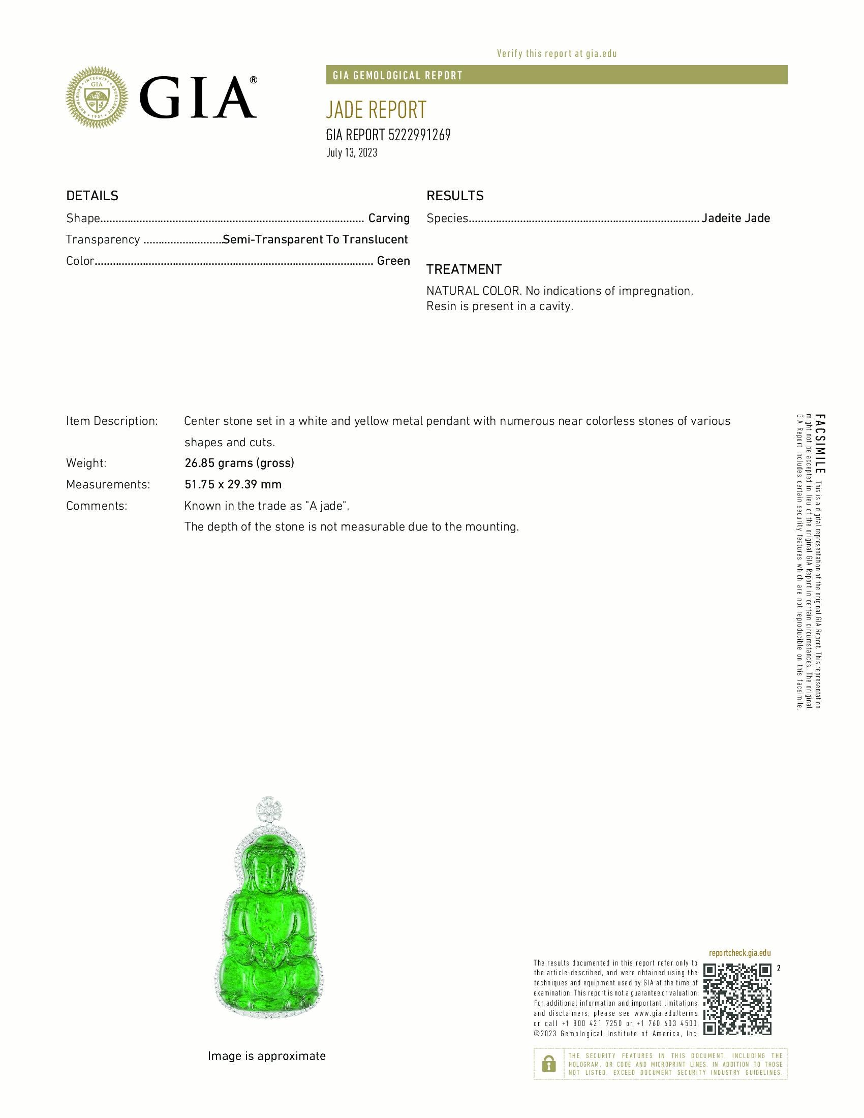 Taille mixte Pendentif Kwan Yin impérial en jadéite verte et diamants en vente