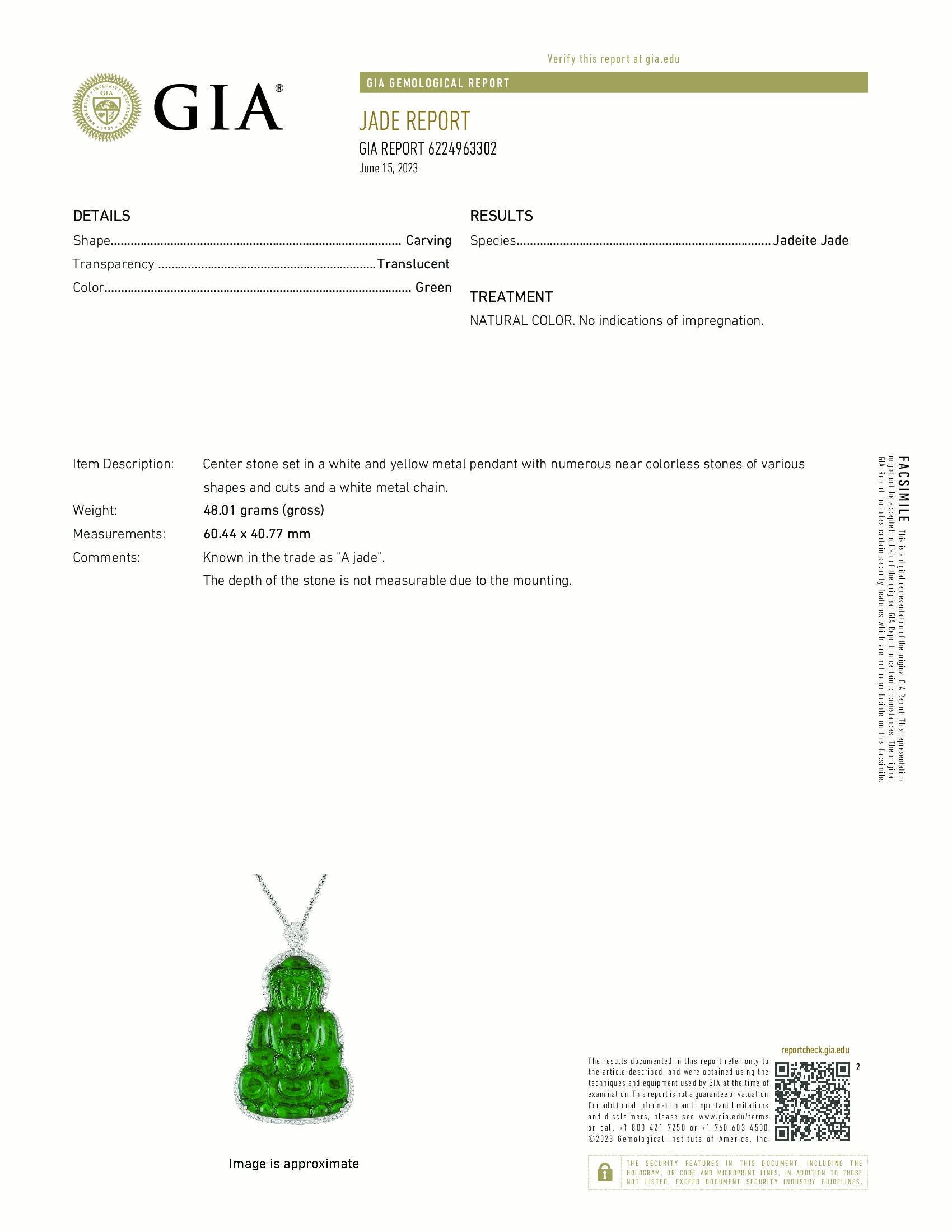 Articolo #8084 

Certificato GIA
Ciondolo Kwan Yin in giadeite verde imperiale 18 carati con diamanti
Pietra centrale incastonata in un pendente di metallo bianco e giallo con numerose pietre quasi incolori di varie forme e tagli e una catena di