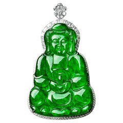 Imperial Green Jadeite Jade Kwan Yin Pendant with Diamonds