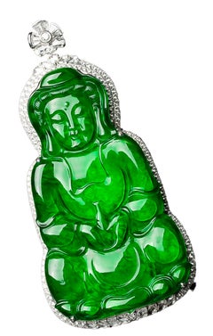 Imperial Green Jadeite Jade Kwan Yin Pendant with Diamonds