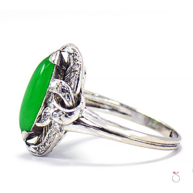 Marquise Cut Imperial Green Jadeite jade Marquise Shape cabochon and Diamond Ring, GIA