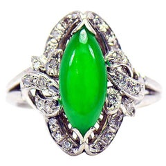 Imperial Green Jadeite jade Marquise Shape cabochon and Diamond Ring, GIA